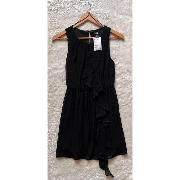 NWT H&M Black Sleeveless Mini Dress with Front Ruffle, Size 4 - Picture 1 of 4